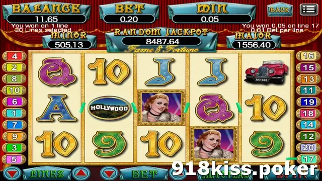 Fame & Fortune slot on 918Kiss with a Hollywood sign symbol, portraits of a 1930s film star, a vintage red car and gold and purple card symbols