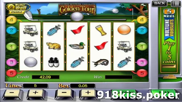 Golden Tour reels on 918Kiss with golf carts, a golf bag, a red flag, a duck, a beer glass and golf shoes, Lines 5 and Bet 0.05
