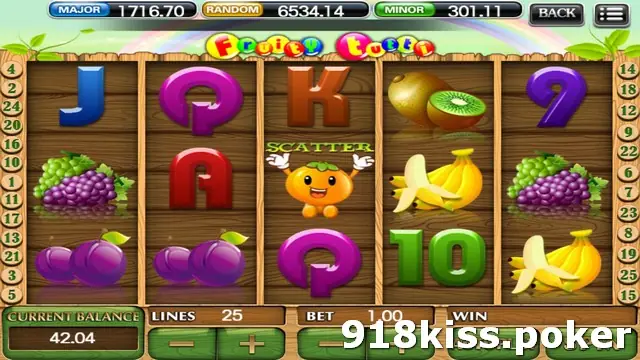 Fruity Tutti slot on 918Kiss with grapes, plums, kiwi, bananas and a smiling orange scatter on wooden reels, MAJOR, RANDOM and MINOR boxes above