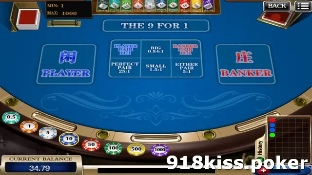 Baccarat table on 918Kiss with large Player and Banker boxes, a central panel of pair, perfect pair, either pair, Big and Small side bets, chips from 0.5 to 1000 and a history panel