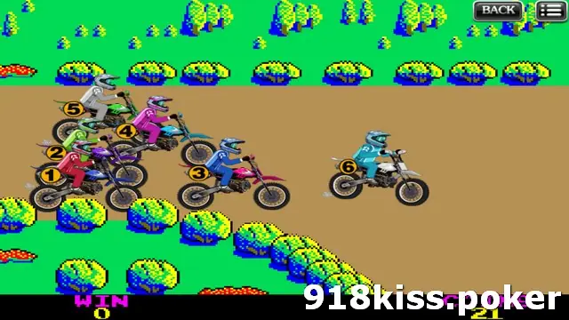 Motorbike race on 918Kiss with six pixel dirt-bike riders on a brown track, rider 6 out in front and the rest bunched behind