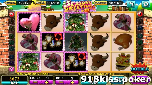 Seasons Greetings reels with rose hearts, bull heads, Christmas trees, fireworks, a roast turkey and a lion dance head, lines 1 to 9 marked on both sides and a DOUBLE button