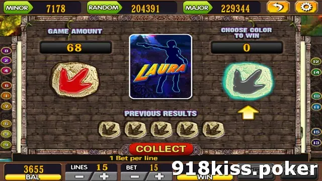 Laura gamble screen with GAME AMOUNT 68, a red footprint stone on the left, a glowing dark stone on the right under CHOOSE COLOR TO WIN, a row of previous results and a COLLECT button