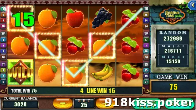 Golden Tree Plus reels with a winning line on line 4 through oranges on reels 1 to 4, a diamond WILD on reel 1, cherries and bananas, and TOTAL WIN 75 with GAME WIN 75