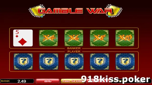 Gamble War card screen with the banker's five of diamonds face up and five face-down blue player cards below, BANK showing 2.49