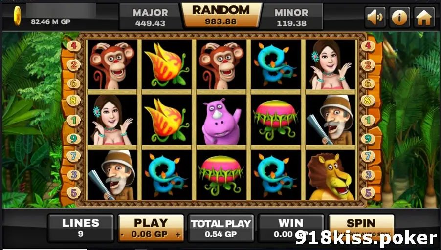 Huga at 0.06 per line with a total of 0.54, showing the woman symbol, the hunter, the lion and blue vines, and no win