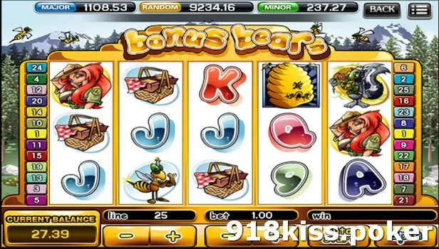 Bonus Bears slot on ACE333 with mountains and pine trees behind five reels, line set to 25 and bet 1.00, symbols including a ranger, picnic baskets and a beehive