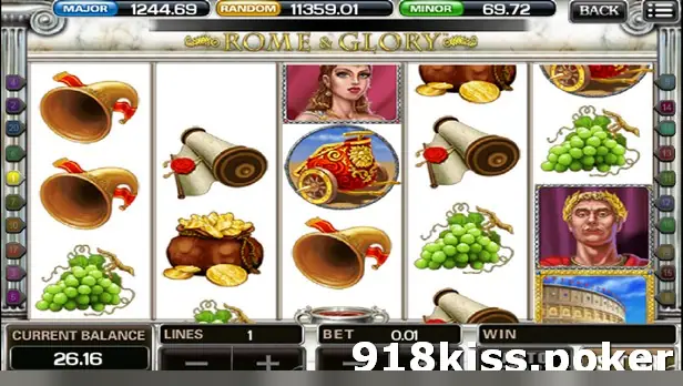Rome and Glory reels with horns, grapes, scrolls, a money bag, a golden chariot, an emperor and a Colosseum symbol, 1 line at 0.01