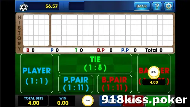 3Win8 Baccarat history board, empty, with counters for B, P, T, B.P and P.P all at 0