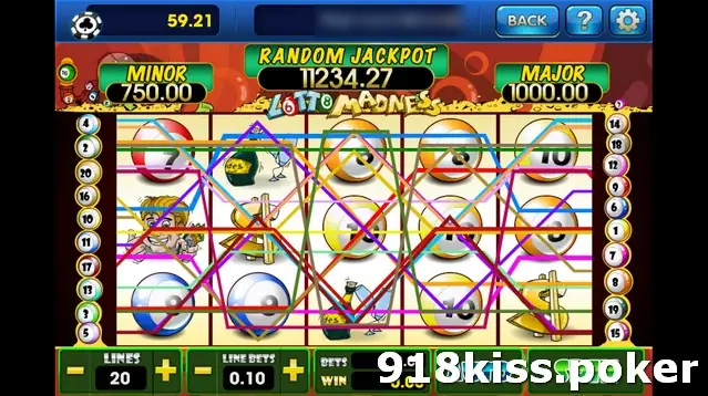 Lotto Madness on 3Win8 at 20 lines and LINE BETS 0.10, with coloured paylines drawn over the balls, champagne and dollar symbols