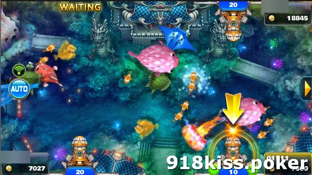 Ocean King 2 EX table with a yellow arrow marking the player's own cannon, a flaming shot towards a puffer fish, and a Waiting sign at an empty seat