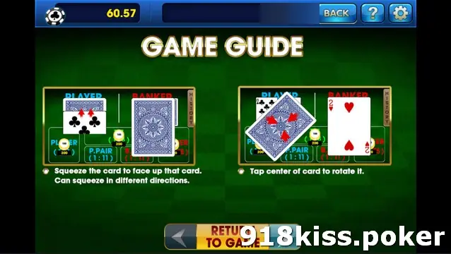 3Win8 Baccarat game guide showing a finger squeezing a card on the left and a card being rotated on the right