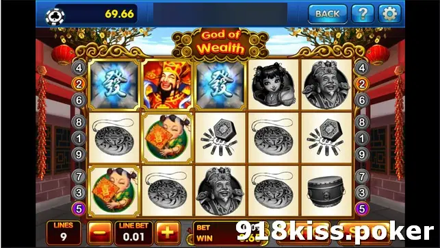 God of Wealth reels on 3Win8 at 9 lines and LINE BET 0.01 with three fa tiles and the God of Wealth lit on the top row and the rest greyed out