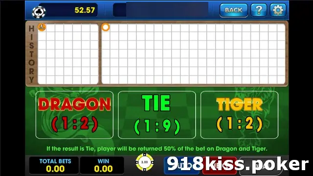Tiger Dragon betting table on 3Win8 with DRAGON 1:2, TIE 1:9 and TIGER 1:2 and an empty history board above