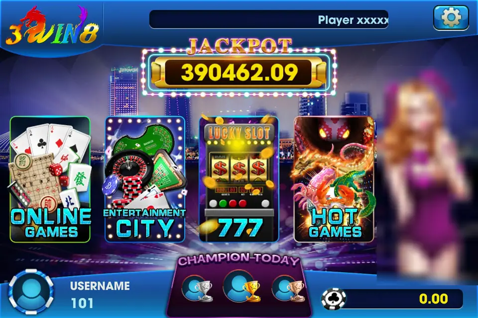 3Win8 lobby with a JACKPOT sign reading 390462.09 above four tiles labelled Online Games, Entertainment City, 777 and Hot Games, a Champion Today bar, username 101 and a 0.00 balance