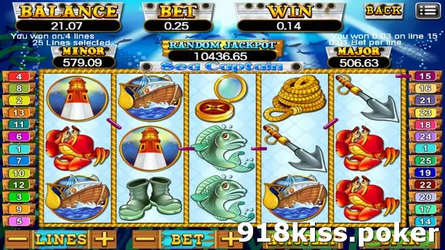 Sea Captain slot on 918Kiss with red crabs, lighthouses, fishing boats, a green fish, boots and anchors on five reels after a 4-line win