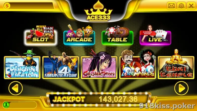 ACE333 lobby with Slot, Arcade, Table and Live category buttons above game tiles and a jackpot counter at the bottom