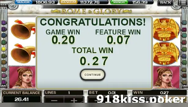 Congratulations screen showing Game Win 0.20, Feature Win 0.07 and Total Win 0.27 with a Continue button