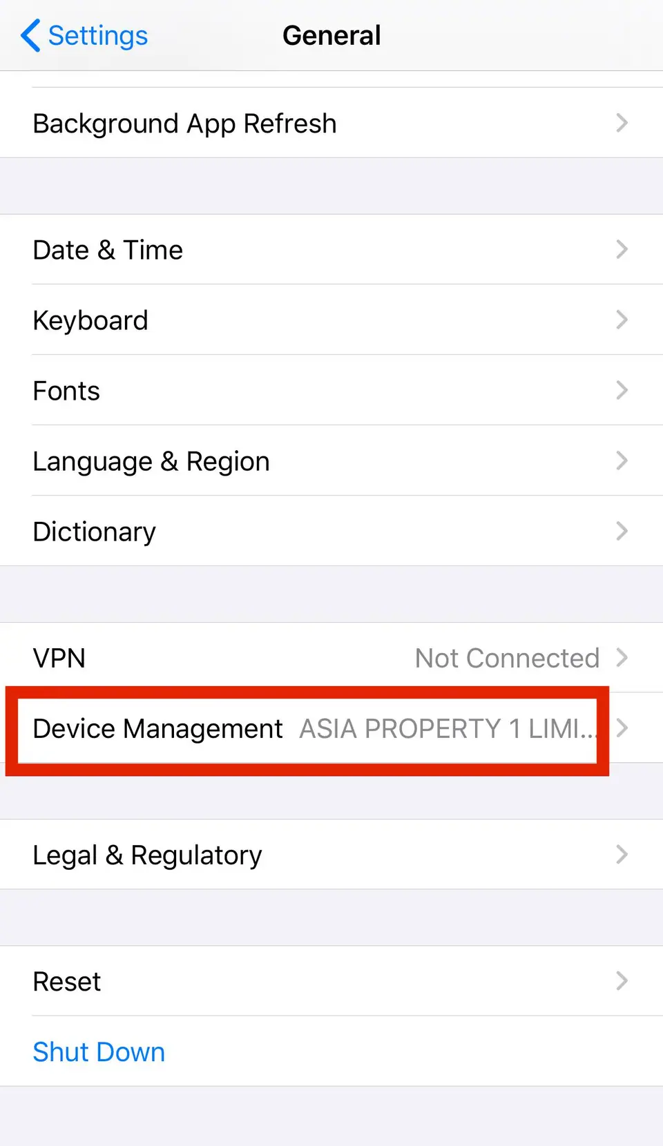 iPhone General settings with the Device Management row highlighted, showing an enterprise developer name