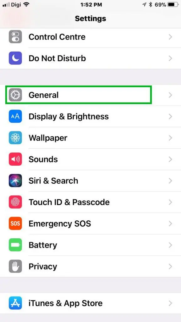 iPhone Settings list with General highlighted