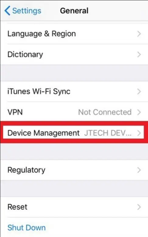 iPhone General settings with the Device Management row highlighted, showing a partly cut-off developer name