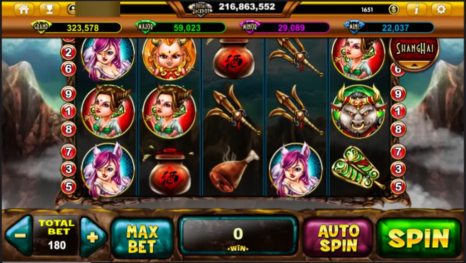 Live22 slot with Chinese myth characters, a bull demon, a wine jar and a trident, a Shanghai badge and a Total Bet of 180