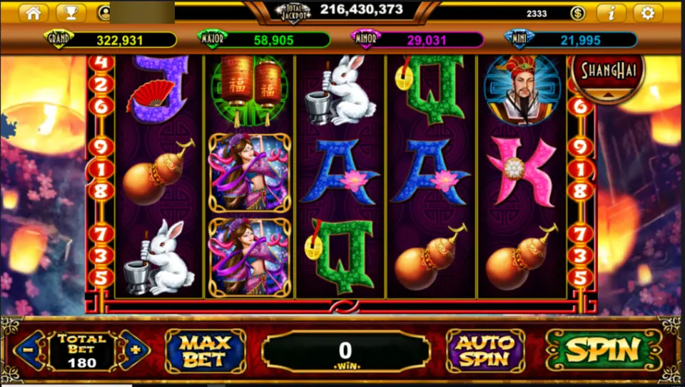 Live22 slot with lanterns, a moon rabbit with a mortar, gourds, a fan and a woman in a pink robe, and a Total Bet of 180