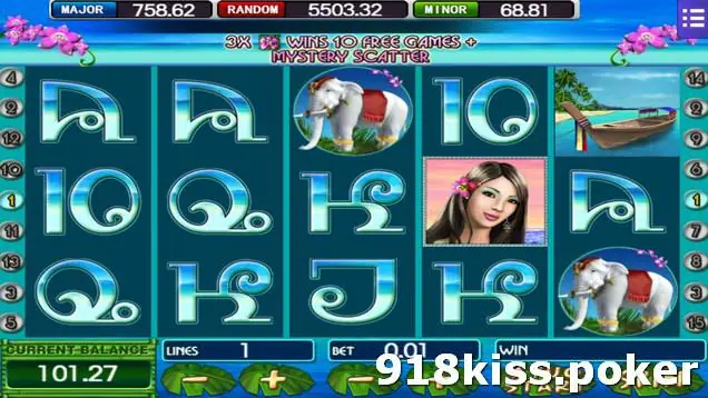 Thai-themed slot with elephant, longtail boat and flower symbols, MAJOR, RANDOM and MINOR jackpot boxes, and a line saying 3X wins 10 free games plus mystery scatter