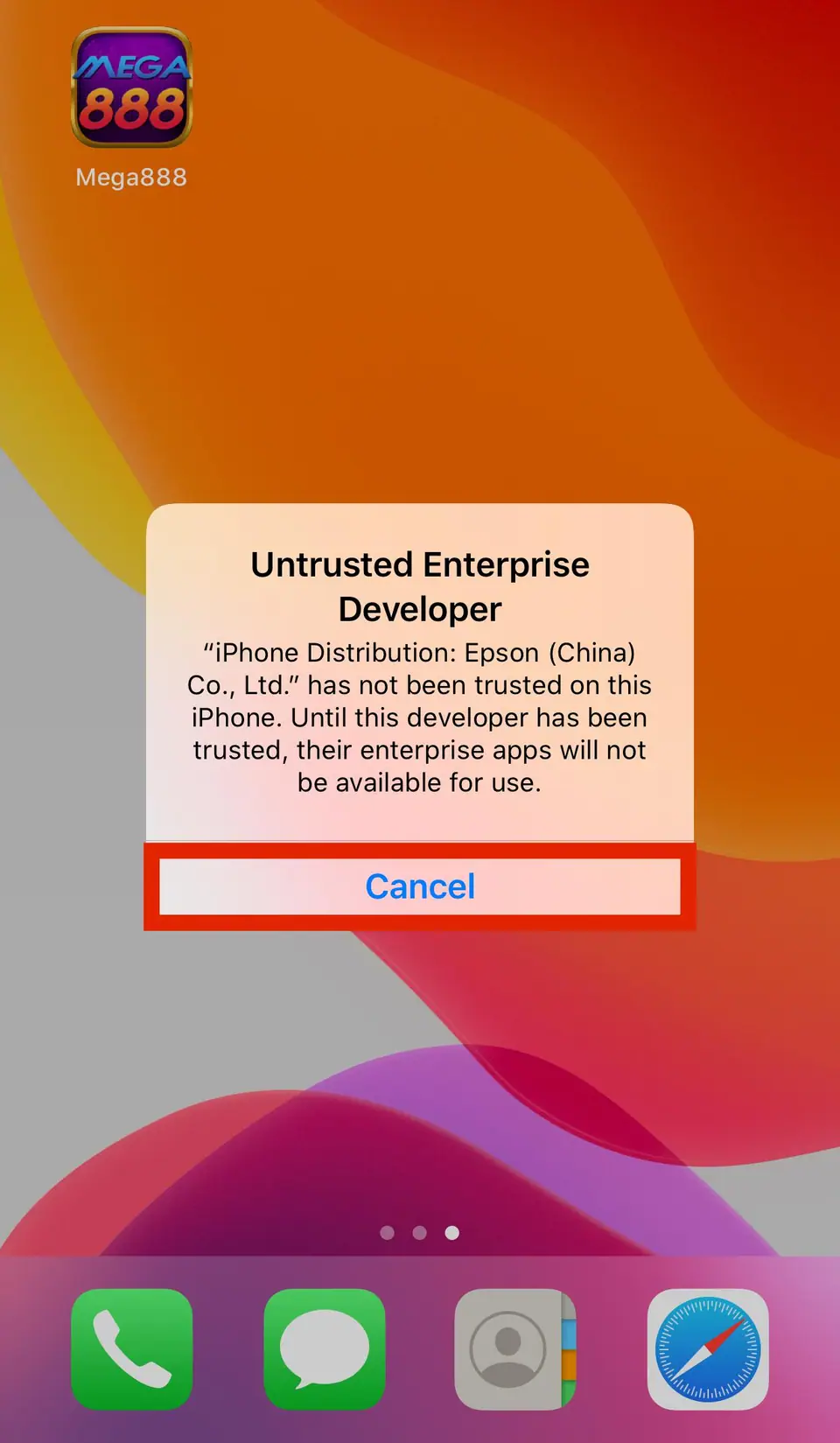 Untrusted Enterprise Developer pop-up on an iPhone with the Mega888 icon on the home screen and Cancel highlighted