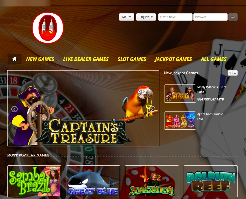 NTC33 web lobby with MYR and English menus, a player name and password login, tabs for New Games, Live Dealer Games, Slot Games, Jackpot Games and All Games, a Captain's Treasure banner and Most Popular tiles