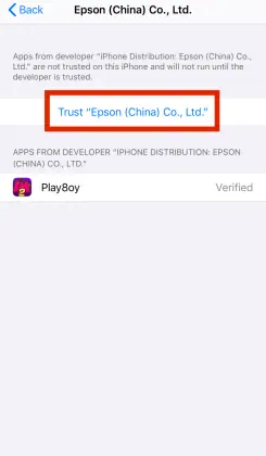 Device Management screen showing an enterprise app certificate with a Trust button and the Play8oy app listed as Verified