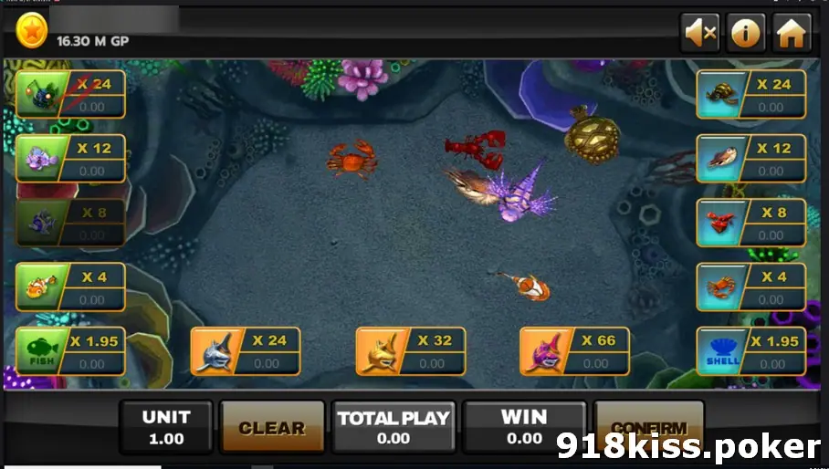 Golden Shark boxes moved to the screen edges while crabs, a lobster, a turtle and a lionfish cross the reef floor