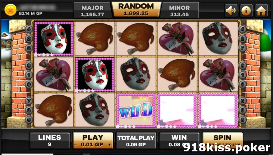 Happy Party reels with masks, roast chickens and hearts, a WILD symbol on reel three and two blank pink panels on reels four and five