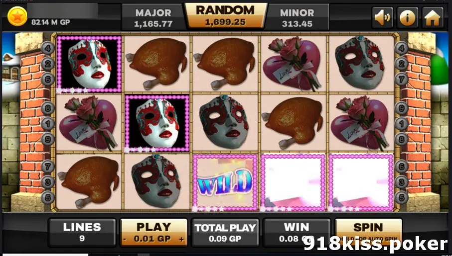 Happy Party reels with masks, roast chickens and hearts, a WILD symbol on reel three and two blank pink panels on reels four and five