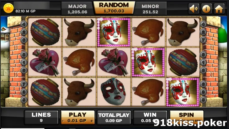 Happy Party with three masks framed in pink across different reels and a small win in the WIN box