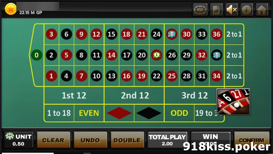 Lucky Roulette layout with three chips placed on single numbers, a small wheel preview in the corner and total play at 2.00