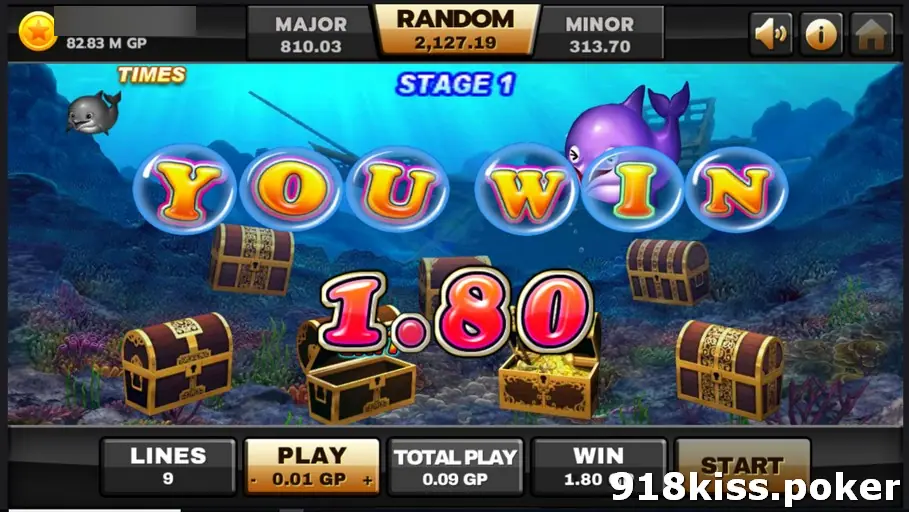 Ocean Paradise bonus screen with bubbles spelling YOU WIN and a figure of 1.80 over an opened chest full of gold