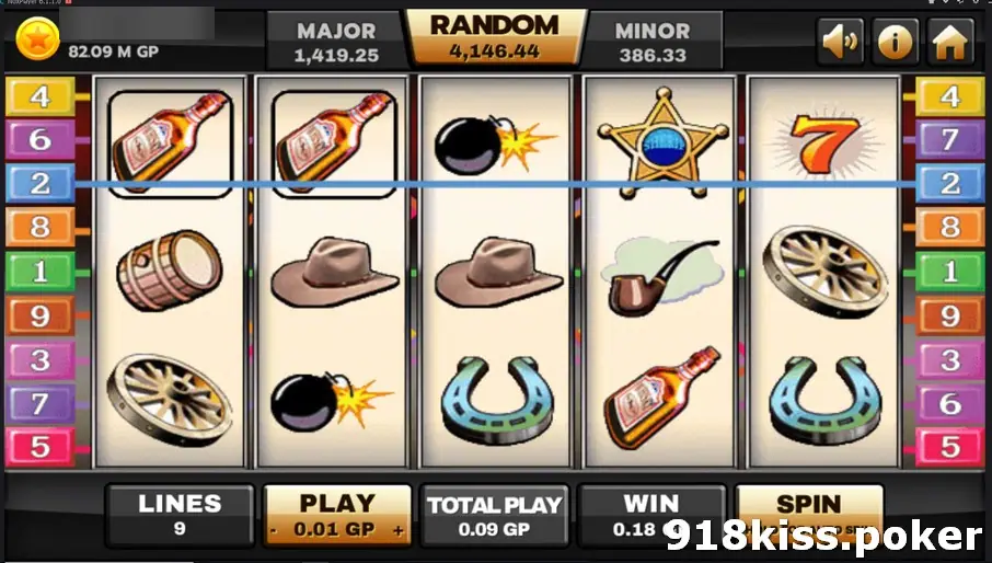 Silver Bullet with a straight blue line across the top row linking two whisky bottles on reels one and two
