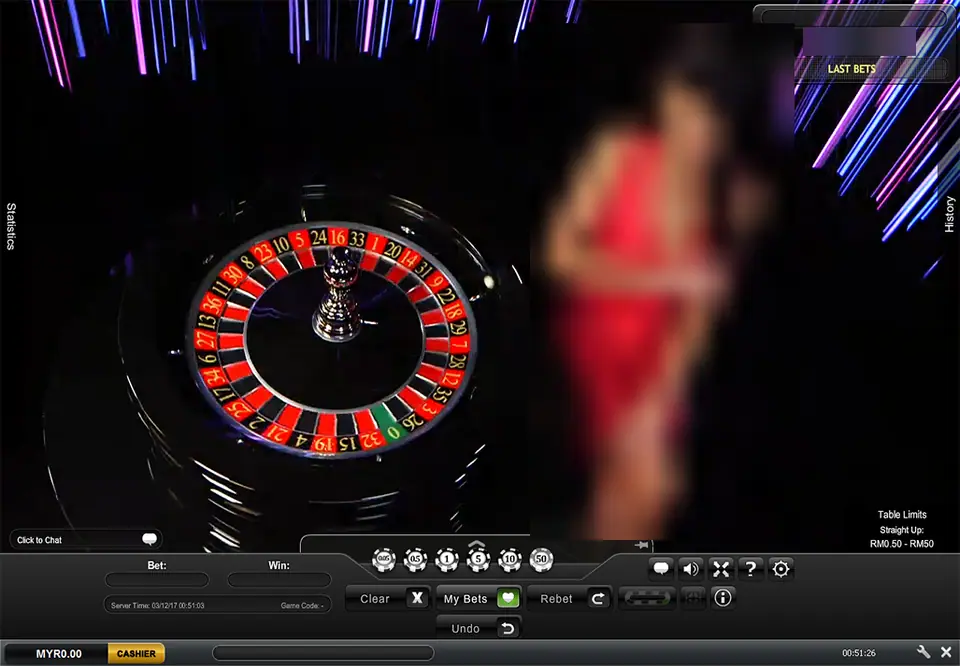 LPE88 live roulette screen with a single-zero wheel on the left, a blurred dealer on the right, chip buttons 0.05 to 50, Clear, My Bets, Rebet and Undo buttons, and a Straight Up table limit of RM0.50 to RM50