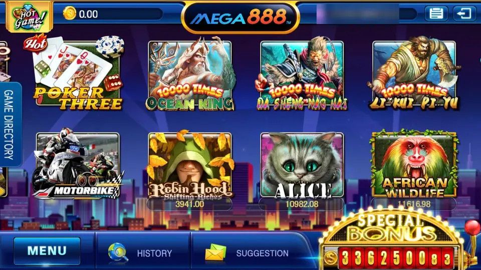Mega888 lobby on the Hot Game tab with tiles for Poker Three, three 10000 Times fish games, Motorbike, Robin Hood, Alice and African Wildlife, and a Special Bonus counter