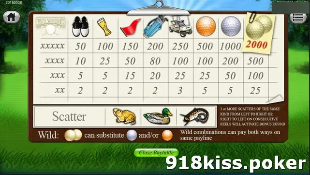 Golden Tour paytable listing payouts for shoes, beer, flag, golf bag, buggy, orange ball, white ball and gold balls, with the scatter and wild rules below