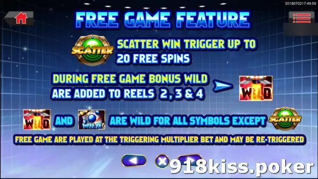 Space Monkey Free Game Feature help screen: scatter win triggers up to 20 free spins, bonus wilds added to reels 2, 3 and 4